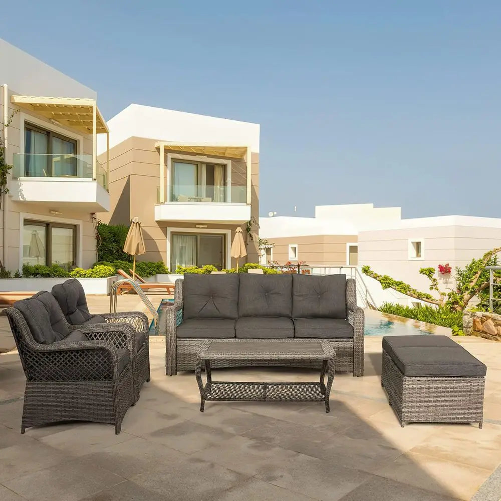 6-Piece Grey Outdoor Wicker Patio Furniture Set with Sectional Sofa, Coffee Table, High Back Chairs, Ottoman, and Cushions for G