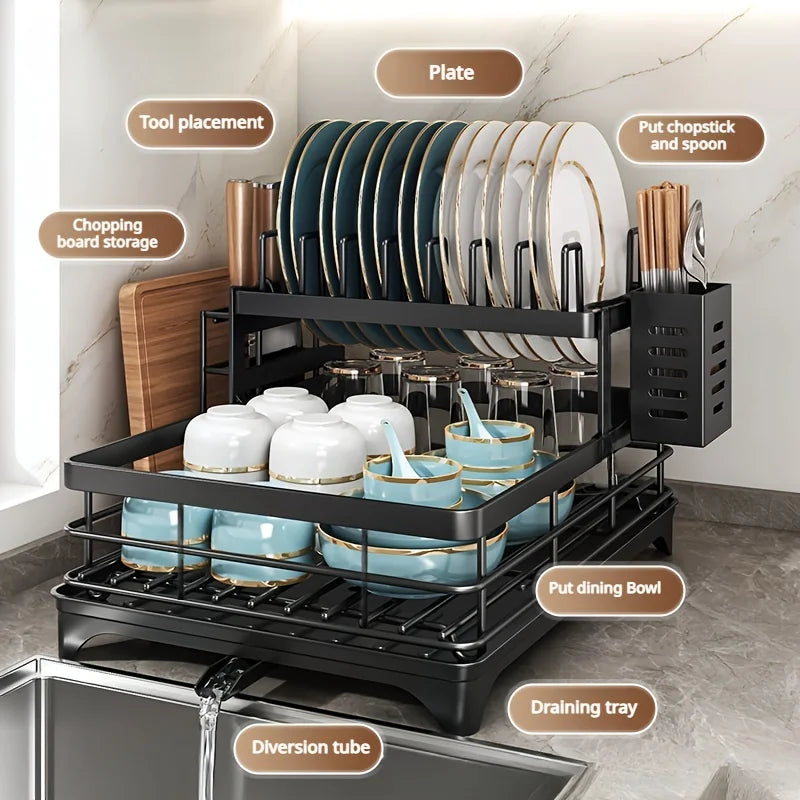 2-Tier Expandable Dish Drying Rack, Metal Kitchen Dish Rack and Drainboard Set with Knife Fork Holder & Cutting Board Organizer for Countertop