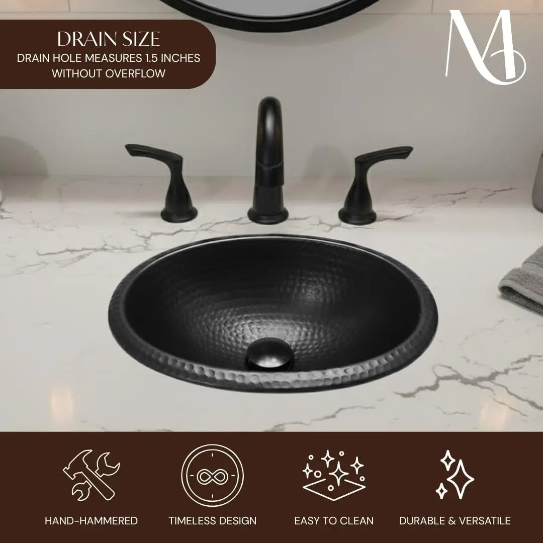 17-Inch Oval Drop In Bathroom Sink, Top Mount Hand Hammered Matte Black Vanity Sink for Countertop, Powder Room or Restroom
