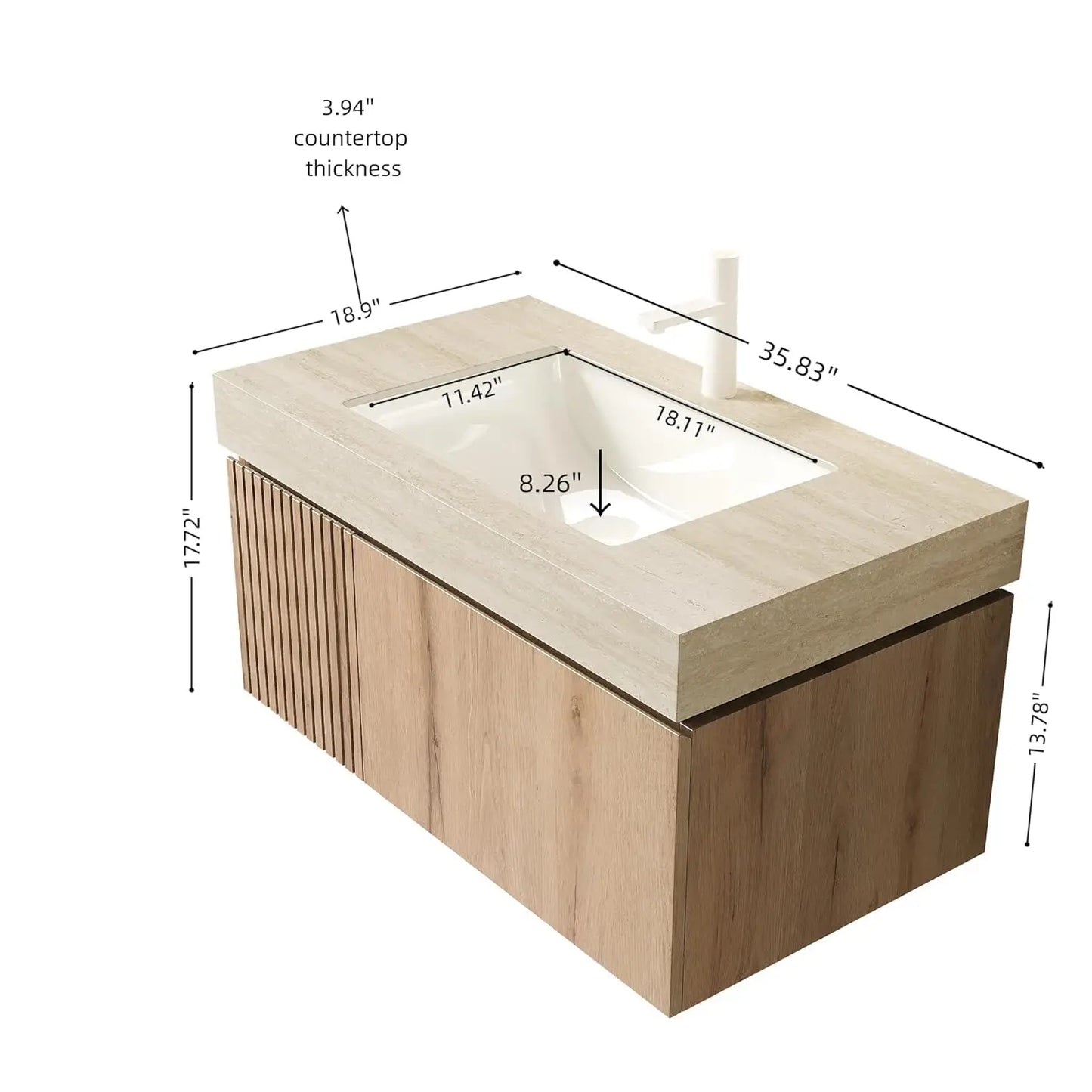 36in Wall Mounted Bathroom Vanity with Sink Ceramic Basin Travertine Countertop Storage Drawer Door Light Wood Customized