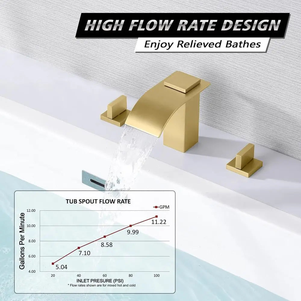 Handle Roman Tub Faucet 3 Hole Waterfall Bathtub Faucet Brushed Gold with Valve