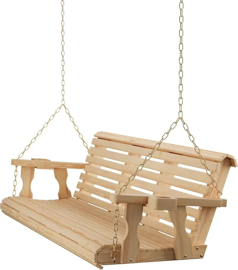 Amish Casual Heavy Duty 700 Lb Capacity Porch Swing with Cup Holders (4 Foot, Cedar Stain) – Wooden Outdoor Roll Back Swing