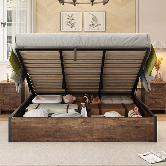 Lift Up Storage Bed, Queen Bed Frame with Storage Underneath, Wooden Platform Bed Frame, Solid Wood Slats Support