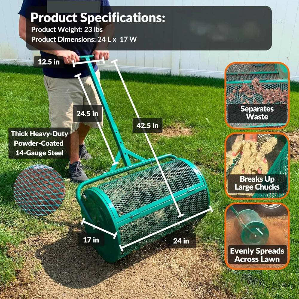 The Original 24 Inch Compost and Peat Moss Spreader Roller - Top Soil,Sand, Manure, Mulch, Top Dressing Lawn and Garden Spreader