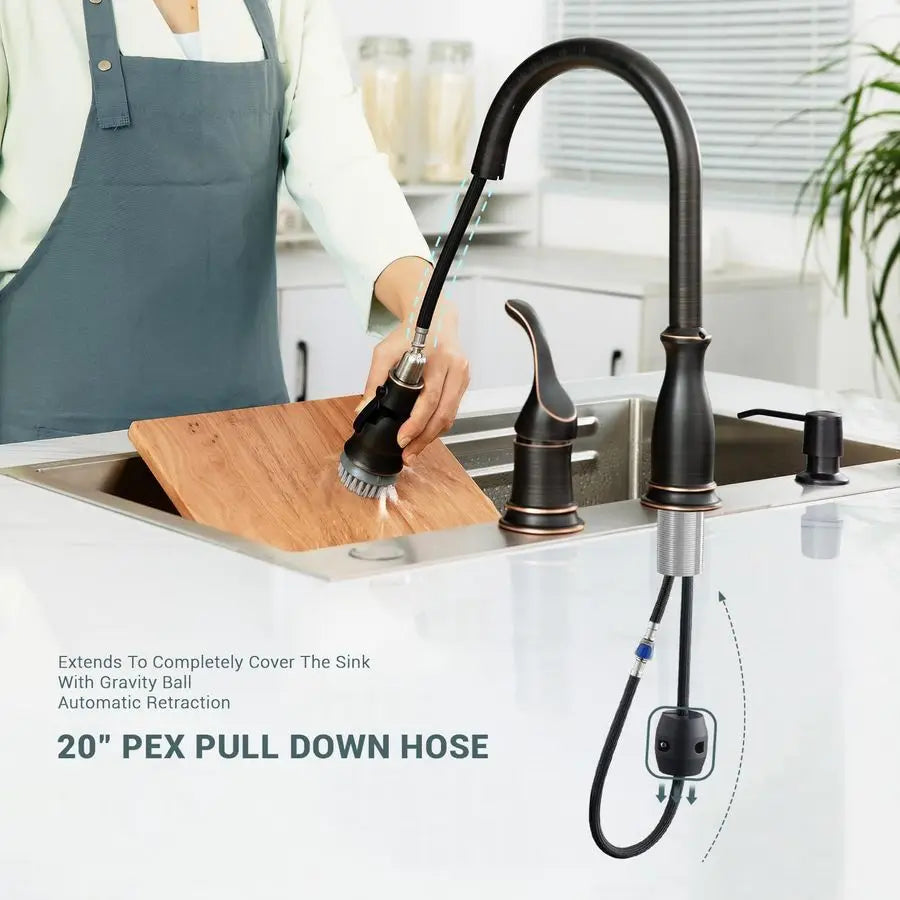 3 Hole Kitchen Faucet, Bronze Kitchen Sink Faucet with Pull Down Sprayer 3 Modes for 23 Hole Sink, Oil Rubbed Bronze Faucets wit