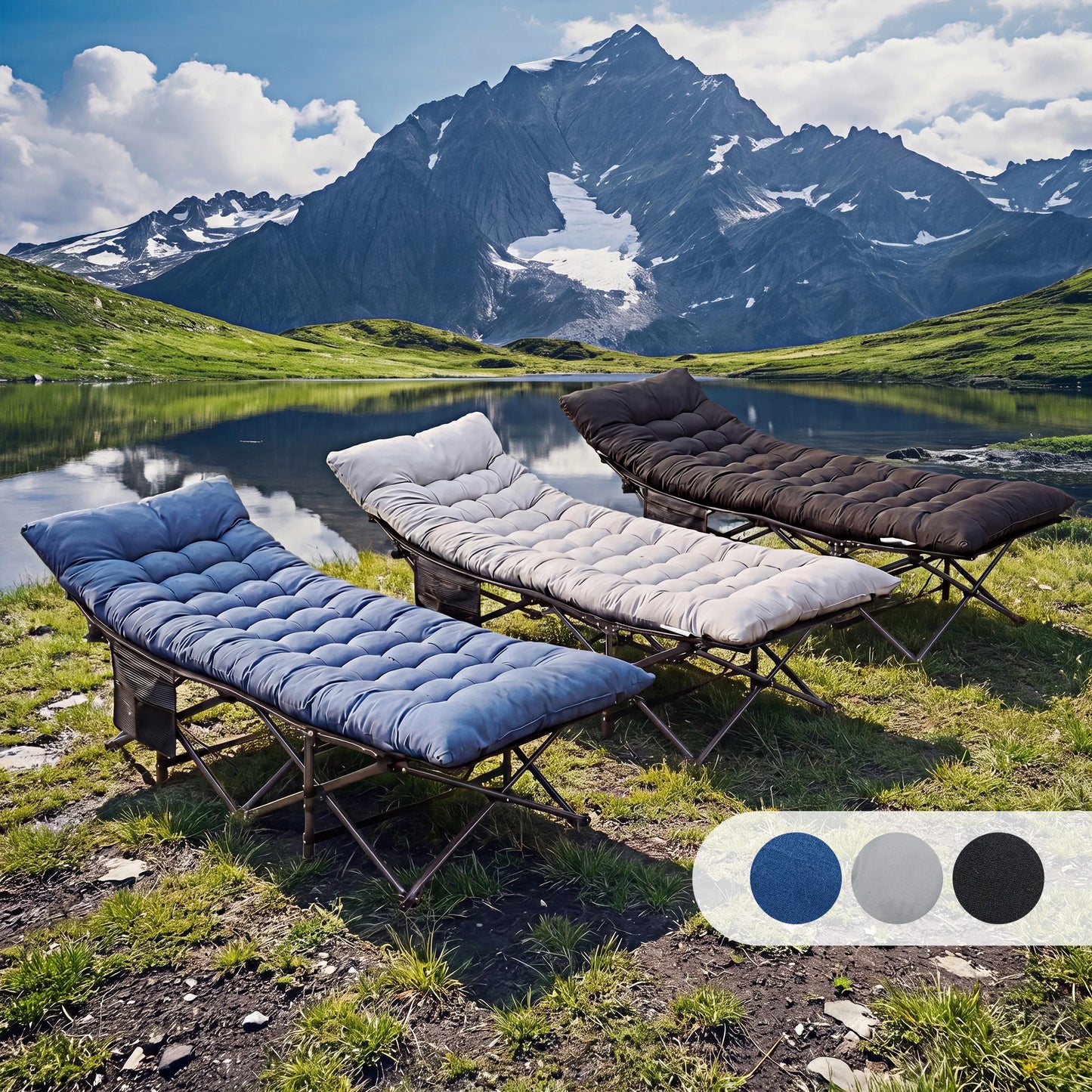 JHK Folding Camping Makeshift Bed Beach Lounge Chair Portable 3.5'' Cushion 440 lbs Sturdy Frame Compact Carry With Storage Bed for Outdoor Camping Hiking