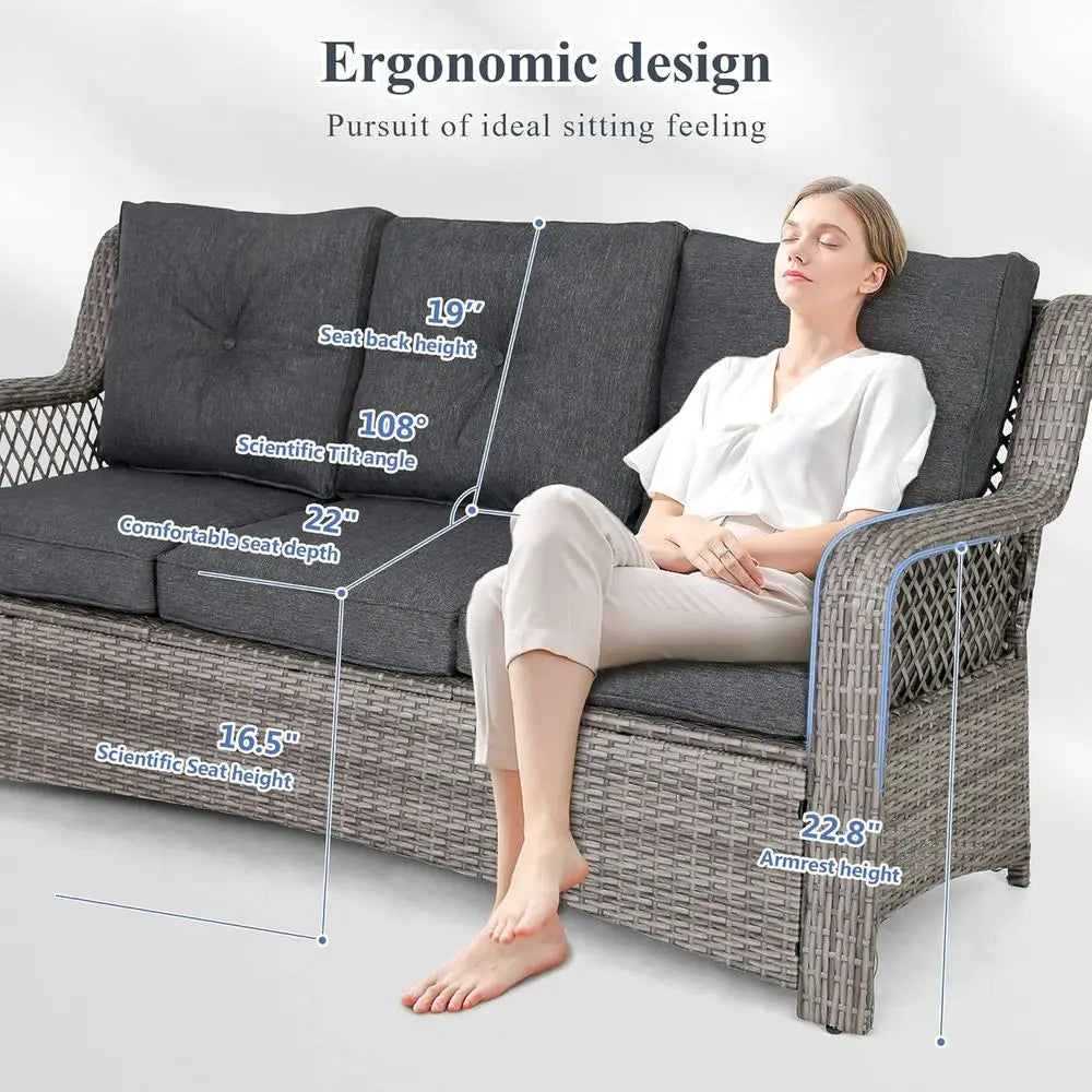 6-Piece Grey Outdoor Wicker Patio Furniture Set with Sectional Sofa, Coffee Table, High Back Chairs, Ottoman, and Cushions for G