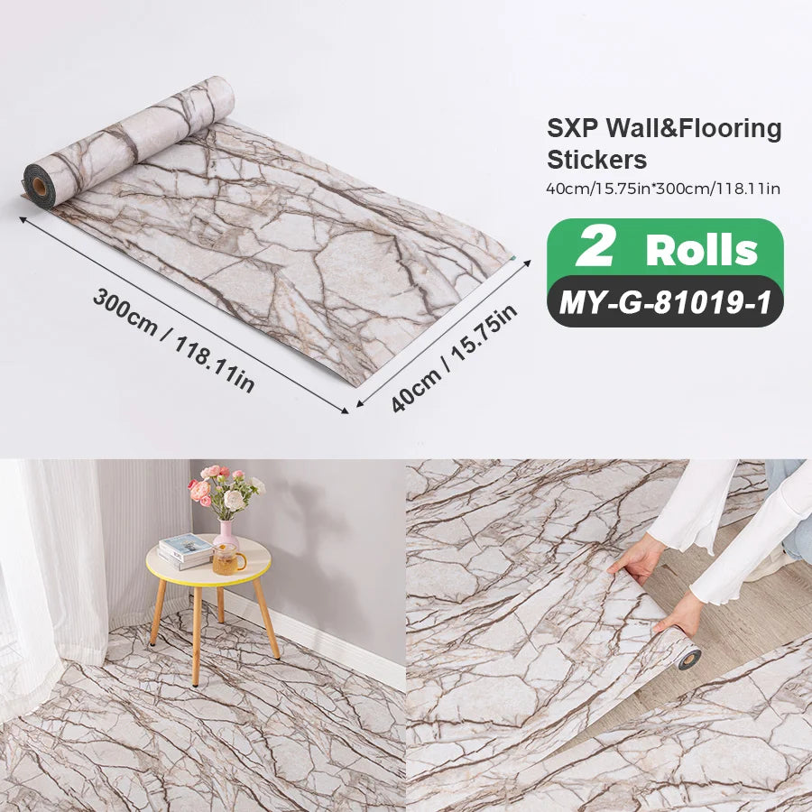 2 Rolls Self-Adhesive Wall and Floor Sticker Peel and Stick 15.75x118.11inch Wood Grain and Marble Design Wallpaper Sticker