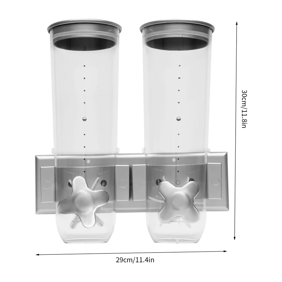 Wall-mounted 2 Barrel Cereal Dispenser, Food Grain Storage Tanks, Cereal Distributor with 2 Cups, Coffee Beans Rice Container