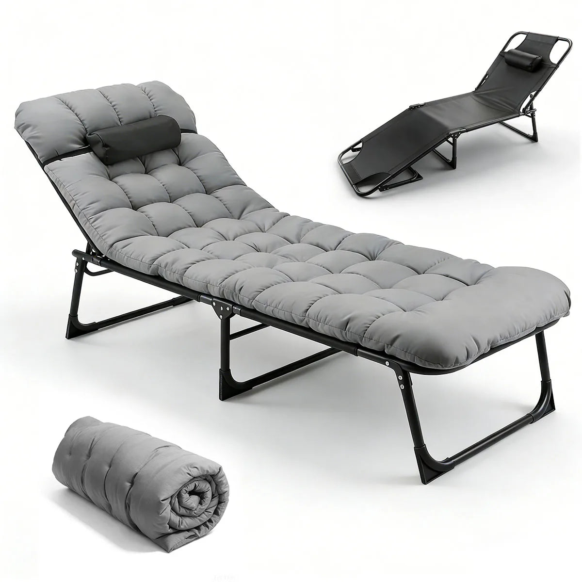 Adjustable Folding Camping Lounge Chair with Removable Soft Cushion, 3 Position Reclining Portable Beach Tanning Chair, Heavy Duty 330 LBS Fold Up Outdoor Chaise Lounge for Pool Patio Office Napping Indoor & Backyard