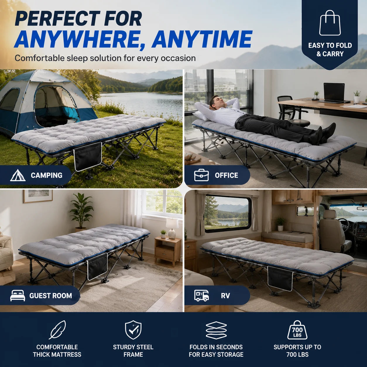 Portable Foldable Camping Cot with Thick Padded Mattress Comfortable Sleeping Bed with Sturdy Frame Compact Folding Guest Bed for Adults Easy Storage and Carrying for Outdoor Camping Travel Office Nap Patio Bedroom and Home U