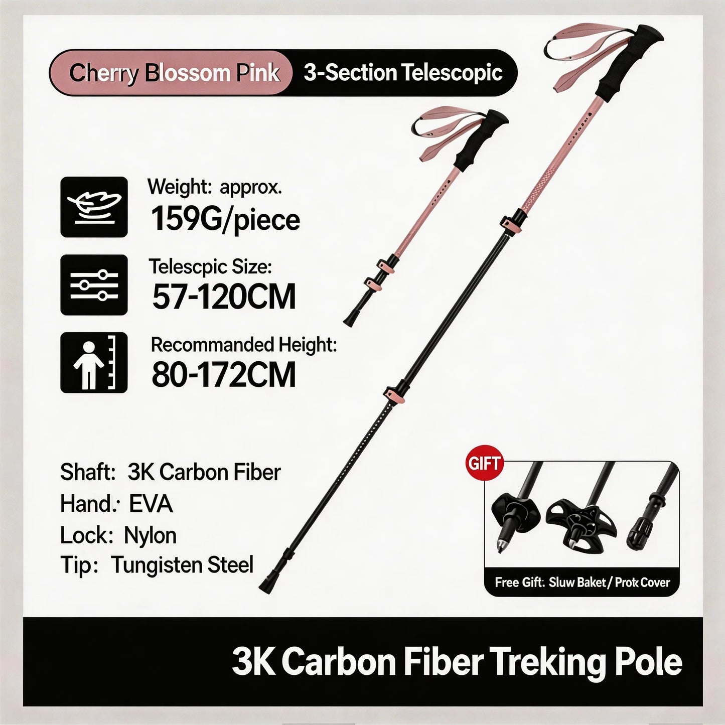 2pcs Trekking Poles Ultralight Carbon Fiber Walking Sticks Outdoor Folding Portable Climb Hiking Telescopic Poles for Women/Man