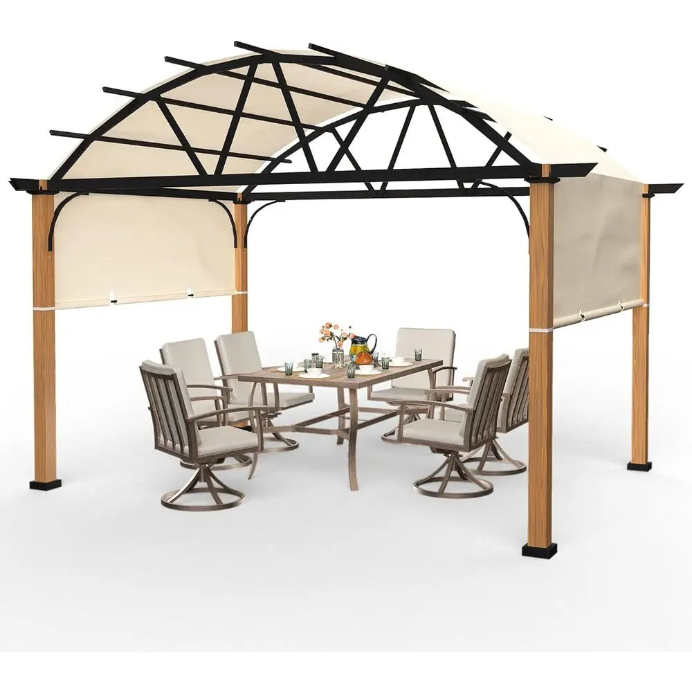 10' X 13' Outdoor Pergola with Sling Retractable Canopy, Wood-Like Aluminum Patio Pergola Shade for Patio, Backyard, Garden,Pool