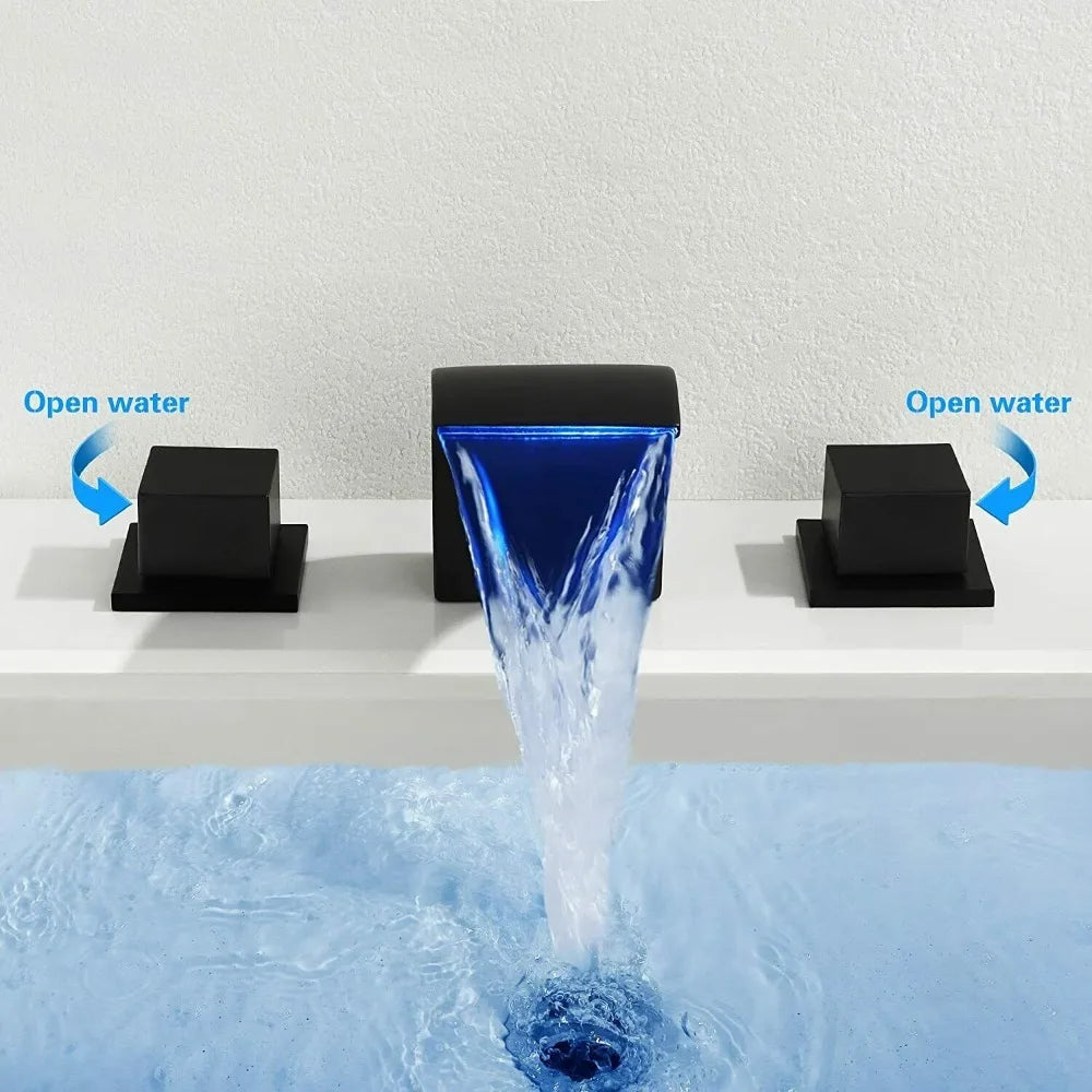 Waterfall Spout Bathroom Sink Faucet 3 Holes 2 Knobs Vanity Basin Mixer Faucet