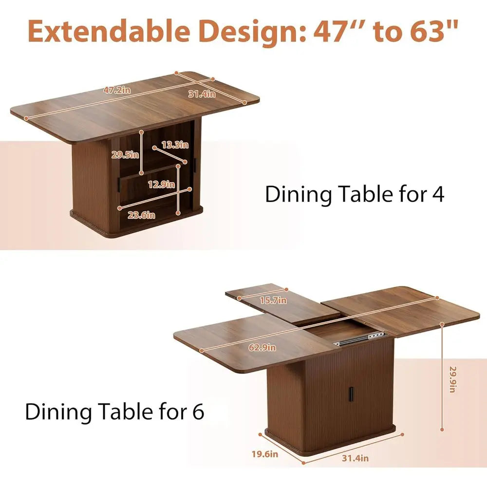 Modern Expandable Dining Table, 4-6 Seater, 47-63 Adjustable Kitchen Table with Storage