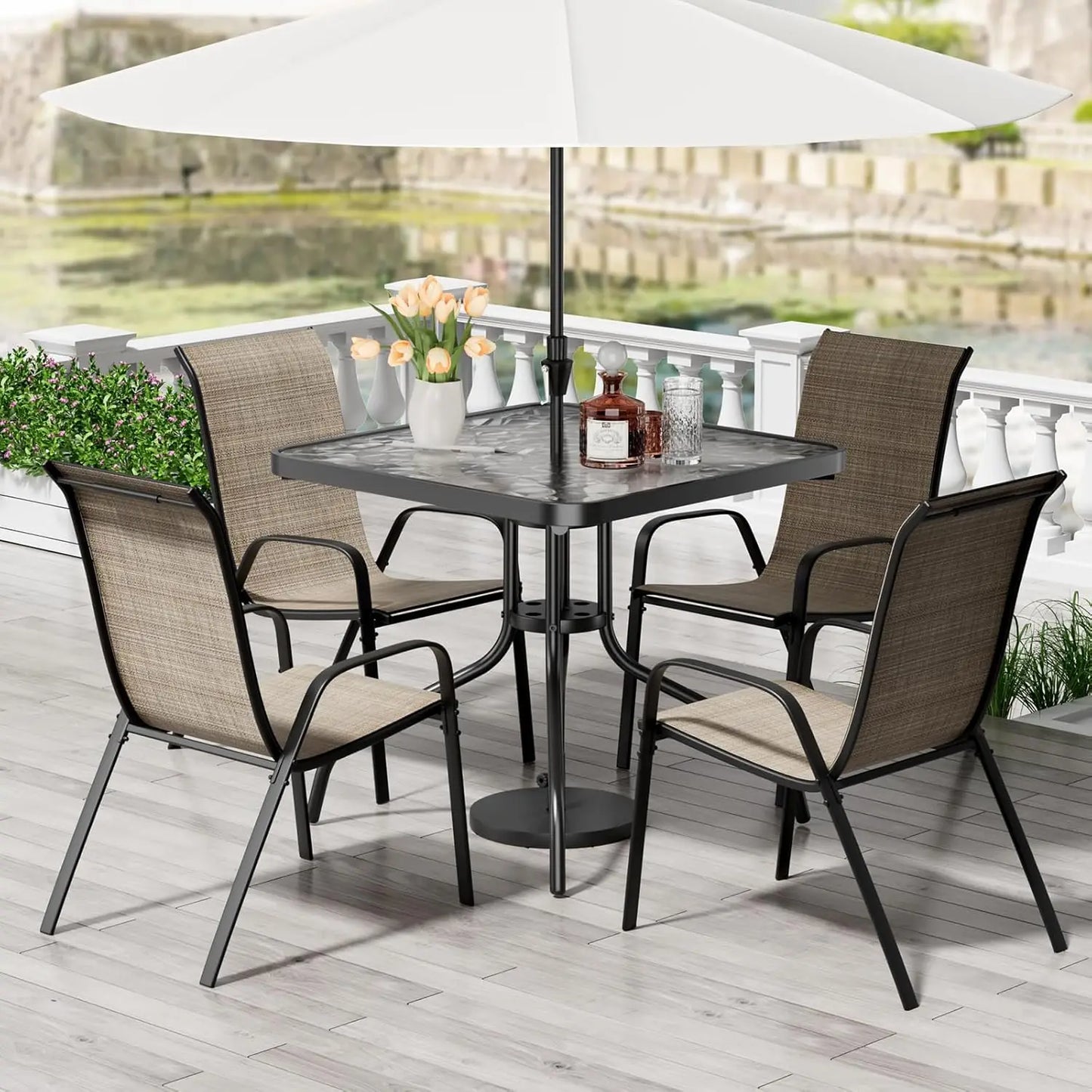 Patio Dining Set 5 Pieces, All Weather Outdoor Furniture W/30"X 30" Table and 4 Stackable Textilene Chairs, Metal, Customized