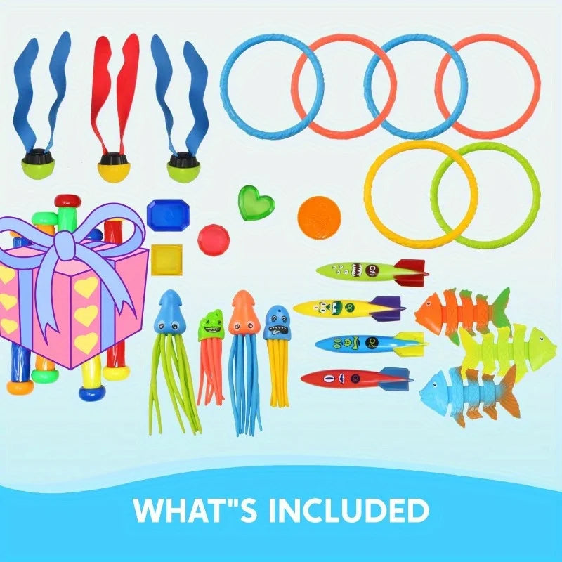 Joyfy 30 Pcs Diving Pool Toys for Kids Jumbo Set with Storage Bag Pool Games Summer Swim Water FishToys Multi-Item Party Favor