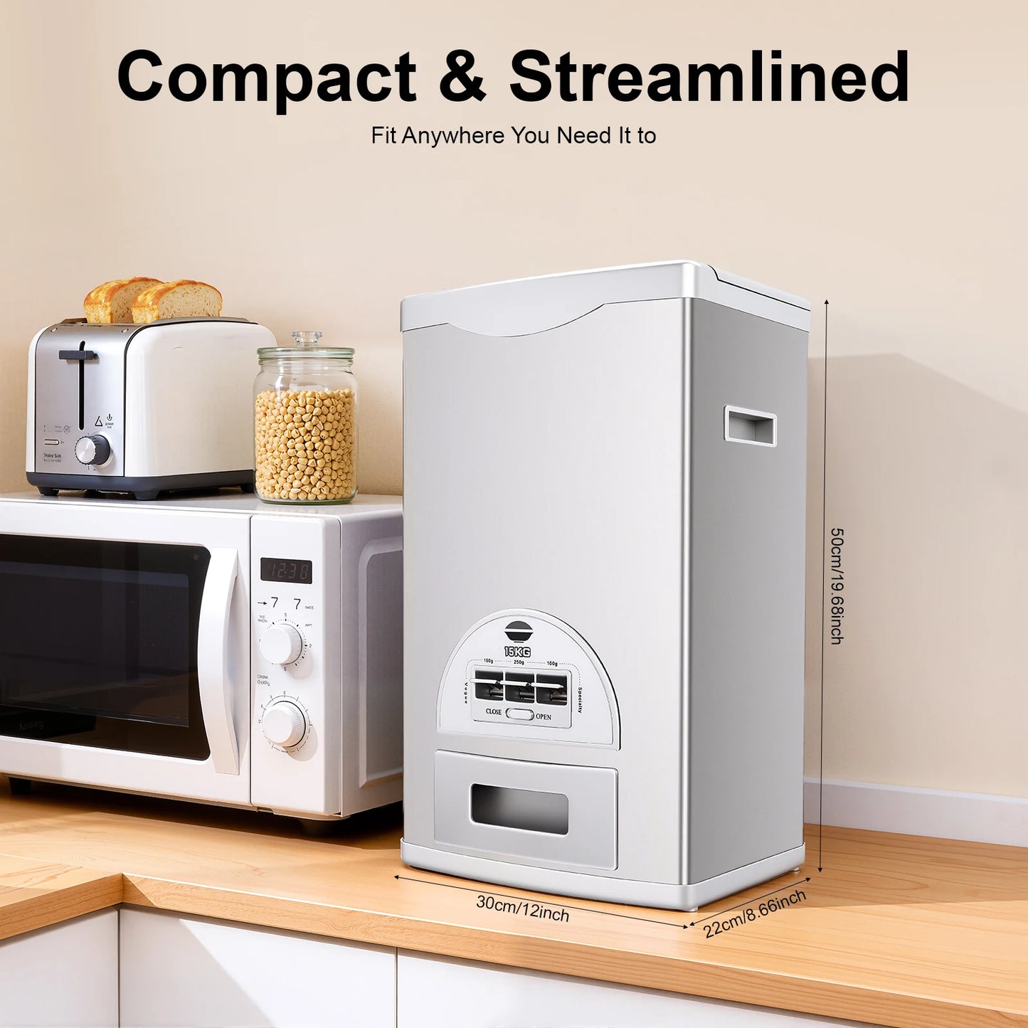 Smart Rice Dispenser 33LBS, One-Touch Grain Storage Container, Airtight Stainless Steel for Kitchen, Home & Restaurant
