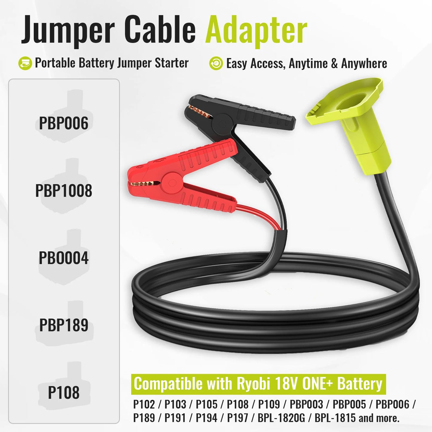 Kzreect Portable Emergency Car Jump Starter Adapter Compatible with Ryobi 18V Battery, 8AWG 5.9FT Jump Starter (No Battery)
