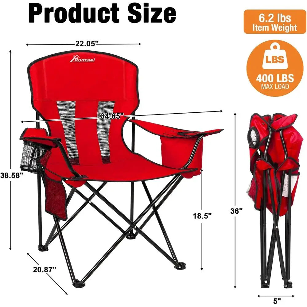 Portable Folding Chairs with 4-Can Cooler and Cup Holder, Heavy Duty Outdoor, Beach, Lawn, Fishing, Red