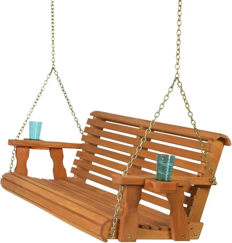 Amish Casual Heavy Duty 700 Lb Capacity Porch Swing with Cup Holders (4 Foot, Cedar Stain) – Wooden Outdoor Roll Back Swing
