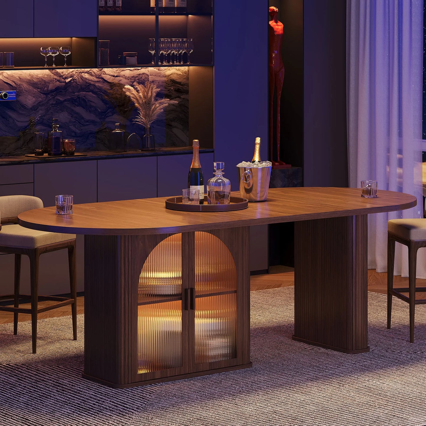 Walnut 70 Inch Oval Dining Table for 6-8 People, Modern Large Dining Room Table with 2-Tier Storage Space, Wood Center Kitchen Table with LED Light, Dinner Table with Heavy Duty Legs