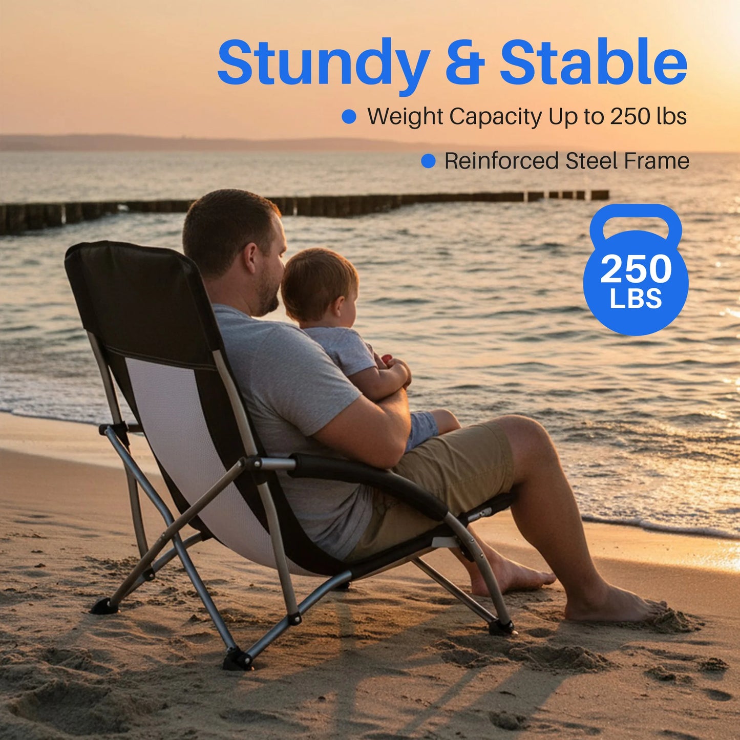 JHK Portable Lightweight Low Camping Beach Chair Mesh Back Padded Armrests Folding Beach Chair with Cup Holder Storage Pocket for Camp Picnic Lawn