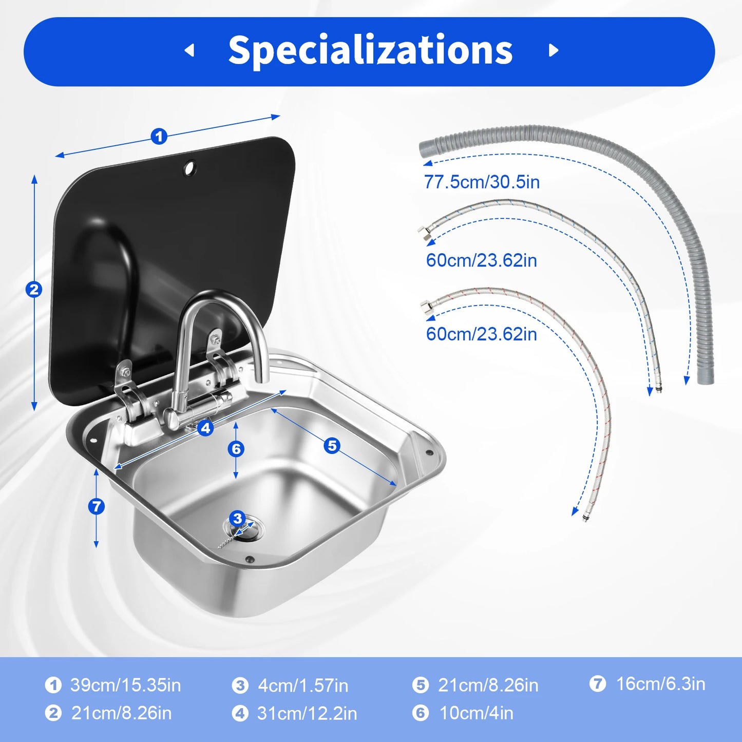 RV Sink with Foldable Tempered Glass Cover&Faucet,Stainless Steel Kitchen Sink Wash Basin Multifunctional Console for Camper Van