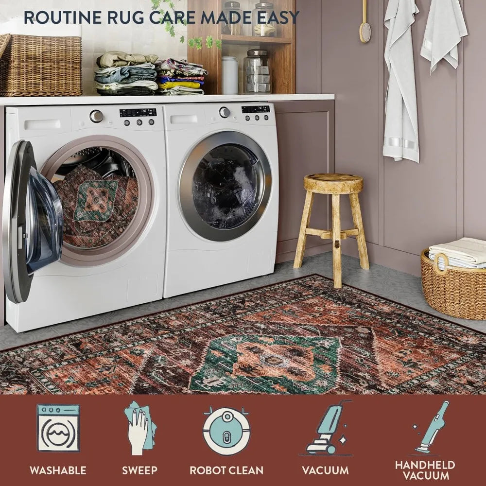 8x10 Ultra-Thin Living Room Rug (Non-Slip Washable Non-Shedding) (Oriental Vintage Distressed Carpet for Dining, Bedroom, Office