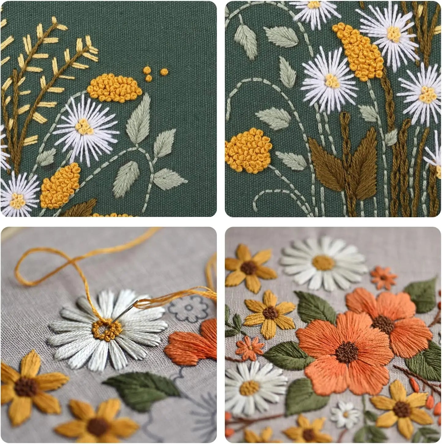 2 Sets Full Range Embroidery Starter Kit with Floral Pattern, Hoops, Scissors for Cross Stitch