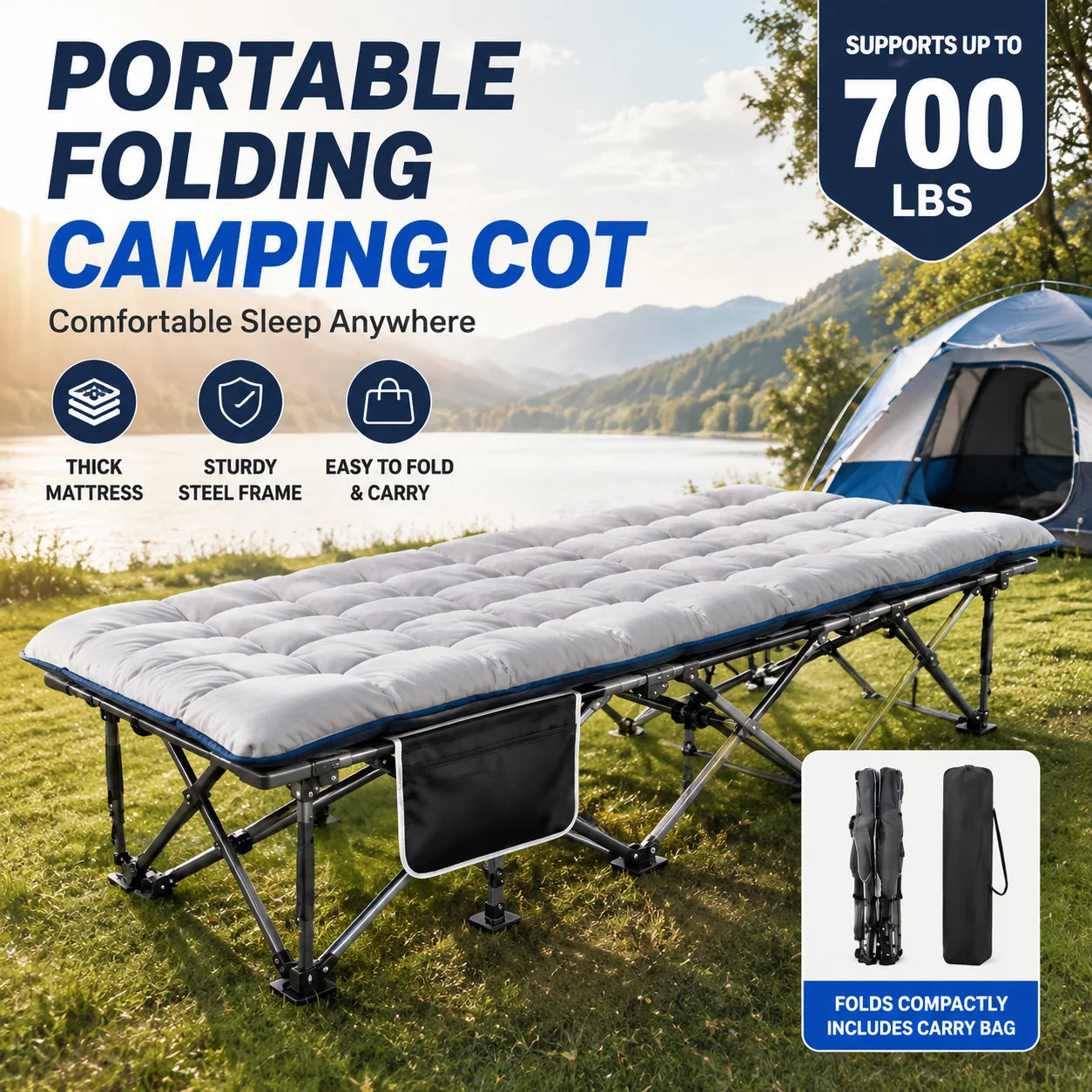 Portable Foldable Camping Cot with Thick Padded Mattress Comfortable Sleeping Bed with Sturdy Frame Compact Folding Guest Bed for Adults Easy Storage and Carrying for Outdoor Camping Travel Office Nap Patio Bedroom and Home U