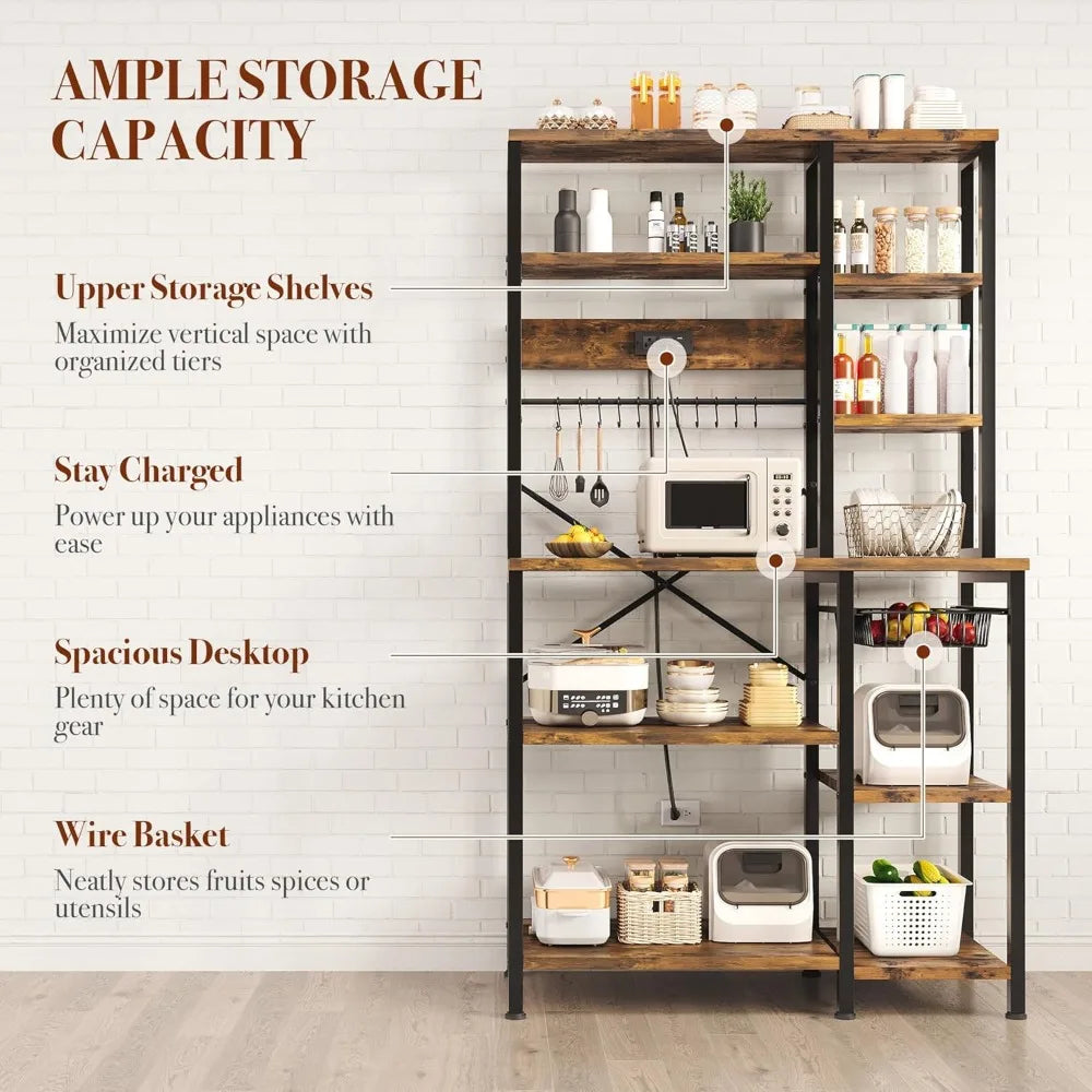 Kitchen Bakers Rack with Storage, 6-Tier Coffee Bar Station with Power Outlet, Microwave Stand with 12 S-Shaped Hooks, Open Kitc