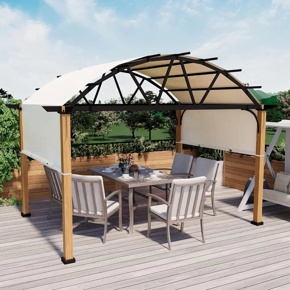 10' X 13' Outdoor Pergola with Sling Retractable Canopy, Wood-Like Aluminum Patio Pergola Shade for Patio, Backyard, Garden,Pool