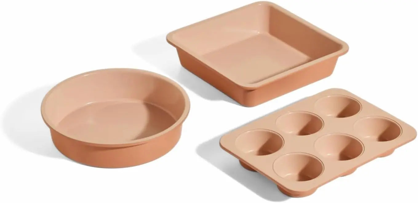 3-Piece Ceramic Nonstick Bakeware Set: 8" Round, 8" Square & 6-Cup Muffin Pan - Oven-Safe to 450°F