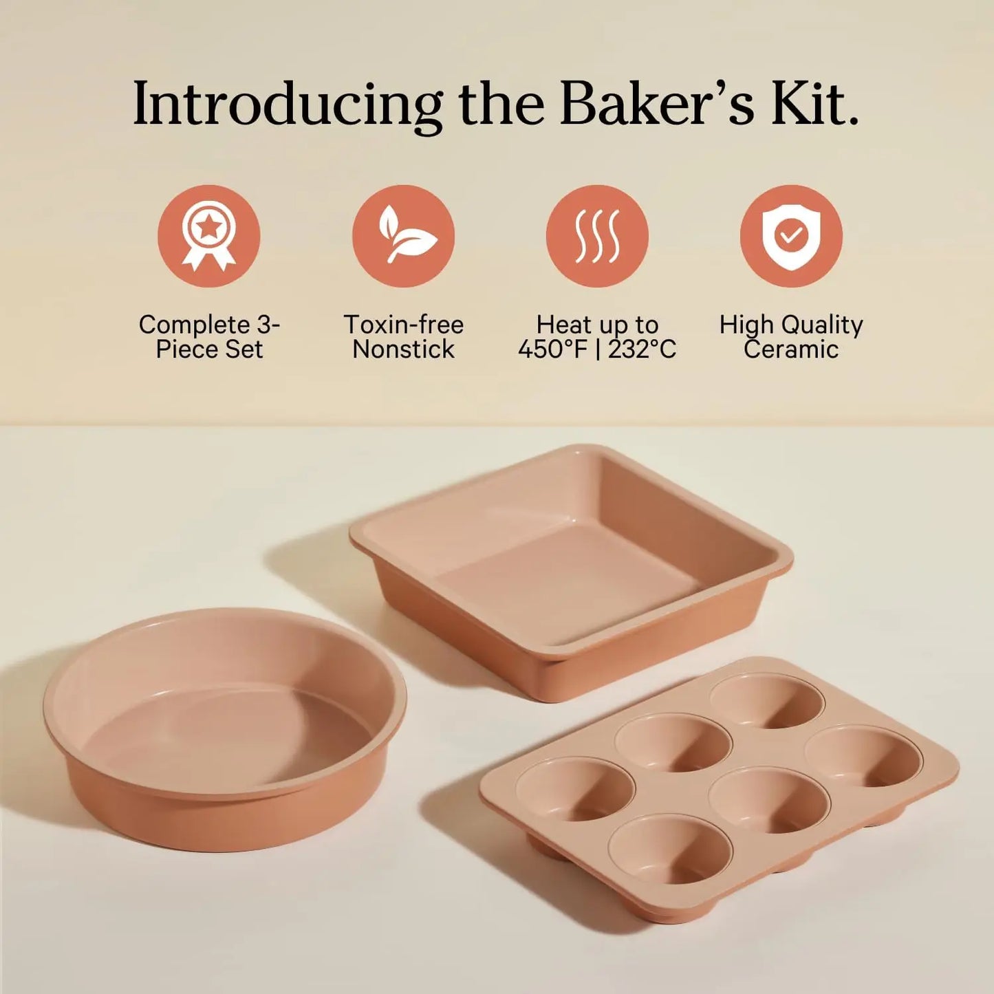 3-Piece Ceramic Nonstick Bakeware Set: 8" Round, 8" Square & 6-Cup Muffin Pan - Oven-Safe to 450°F