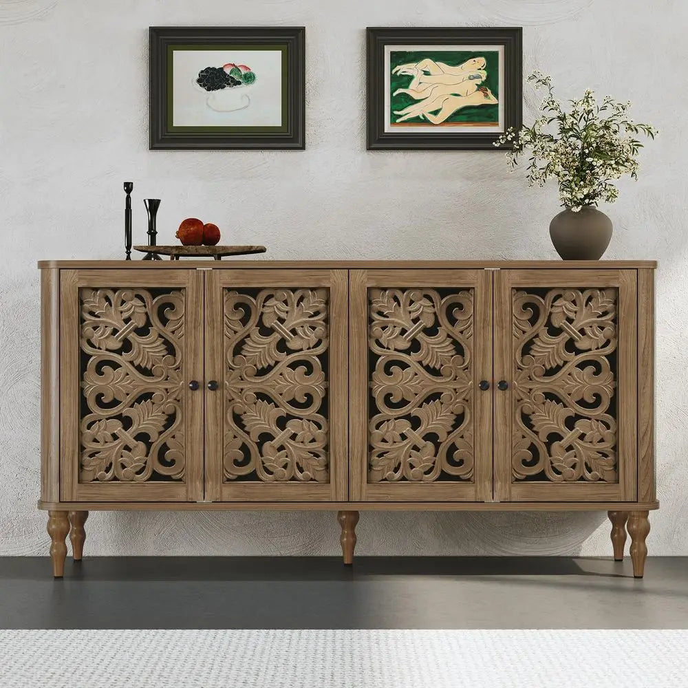 63 Retro Arc Carved Sideboard Buffet Cabinet, 4 Craft Doors Wooden Accent Credenza for Living Room, Dining Room, Entryway, Hall