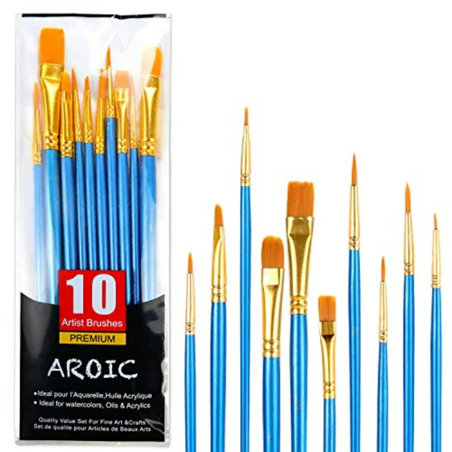 Acrylic Paint Brush Set 1 Pack 10 pcs Watercolor Brushes with Nylon Hair for All Purpose Oil Watercolor Painting Artist Profess
