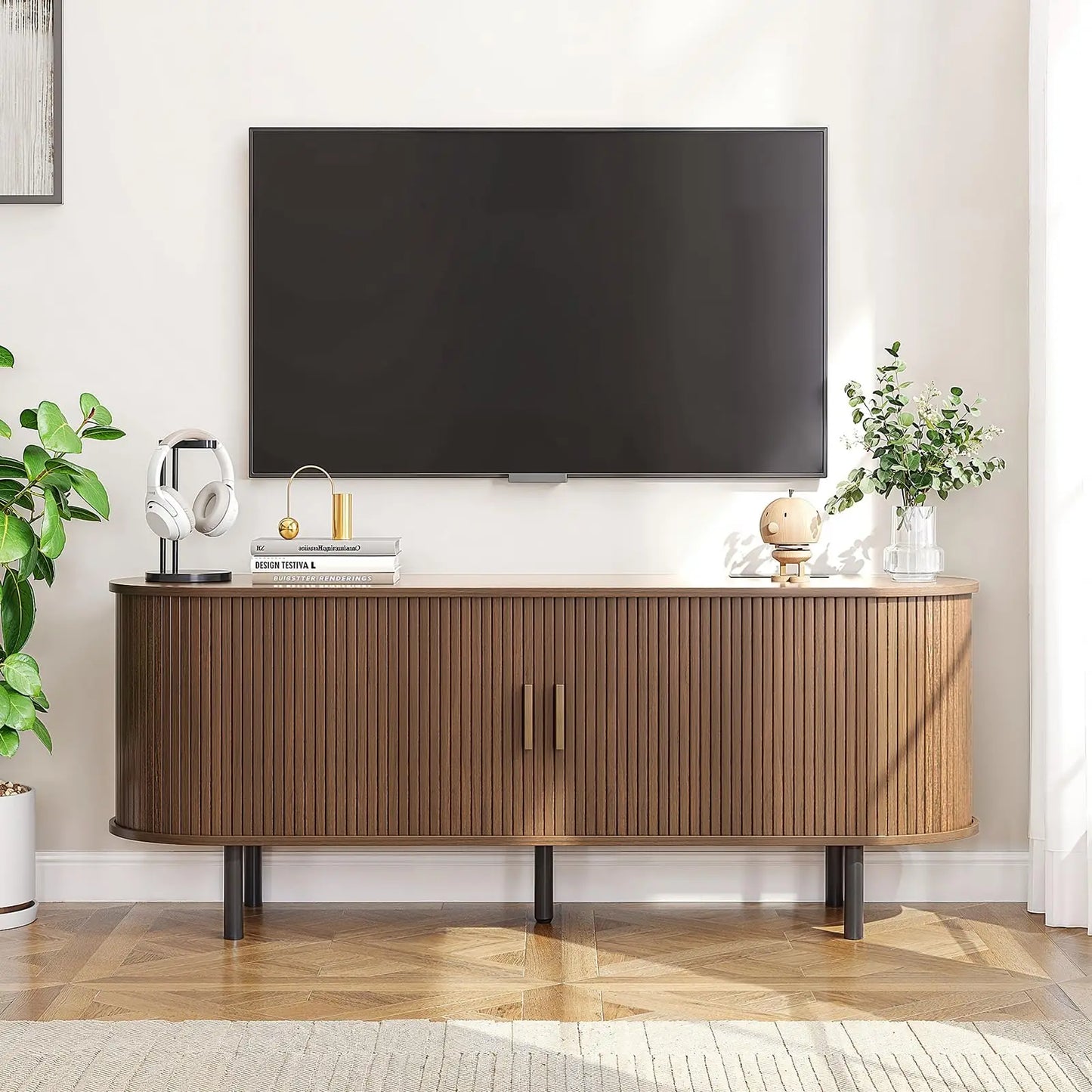 TV Stand Living Room Furniture with Power Outlet for TVs up to 60/70",TV Table with Sliding Doors Storage Adjustable Shelves