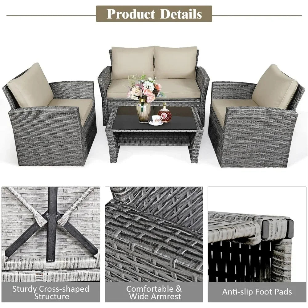 4 Pieces Patio Furniture Set, with Cushions & Tempered Glass Table,  for Backyard Garden Poolside, Wicker Conversation Couch Set