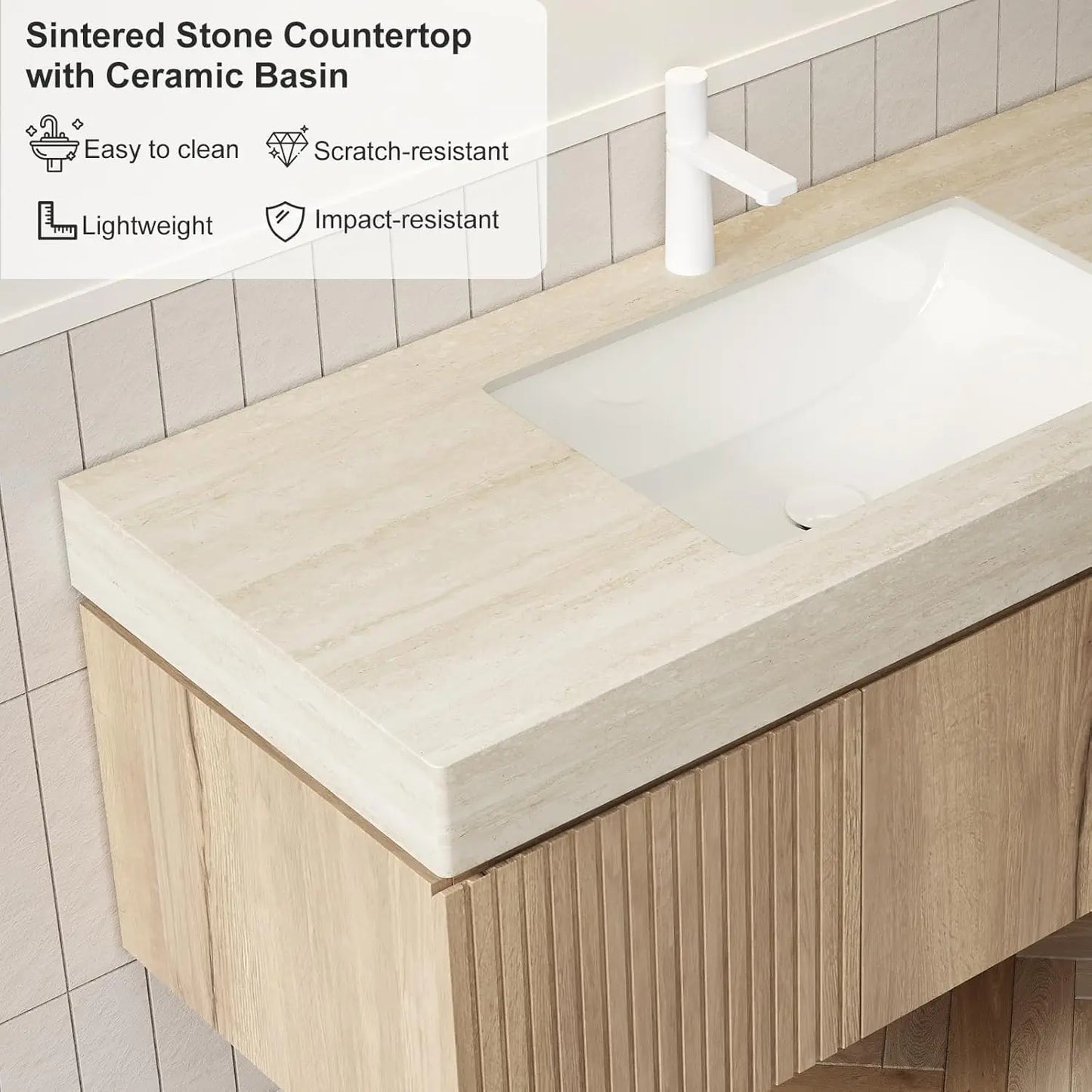 36in Wall Mounted Bathroom Vanity with Sink Ceramic Basin Travertine Countertop Storage Drawer Door Light Wood Customized