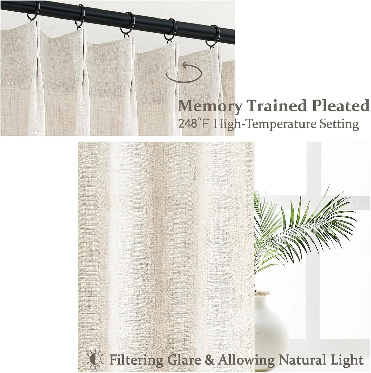 Pinch Pleated Linen Curtains 96 Inches Long, Light Filtering Boho Drape for Living Room Bedroom with Hooks & Rings