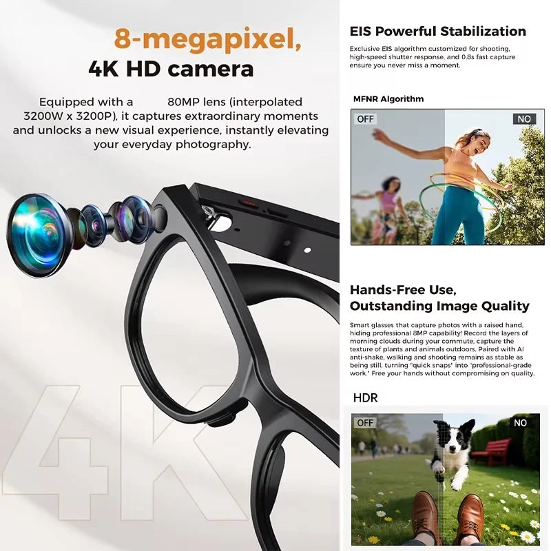 2026 New 3600mAh Large Battery Smart Glasses 8MP HD Camera Video Recording AI Photo Recognition Translation Voice Sunglasses Men