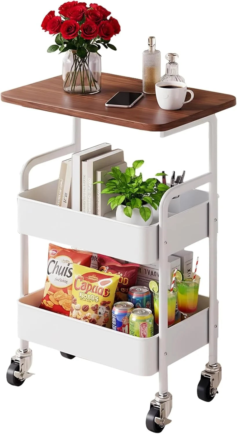 Three-Tier Metal Rolling Multi-Functional Storage Cart with Walnut Wood Top, Stable and Durable, with Two Lockable Wheels, Suitable for Kitchen, Bathroom, Snacks, Coffee, Crafts, Cosmetics, and Baby Products