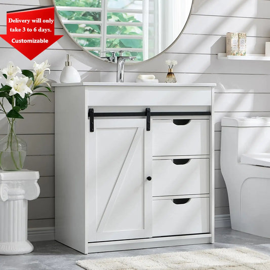 30" Farmhouse Bathroom Vanity with Sink, Freestanding Bathroom Storage Vanity Cabinet w/Sliding Barn Door