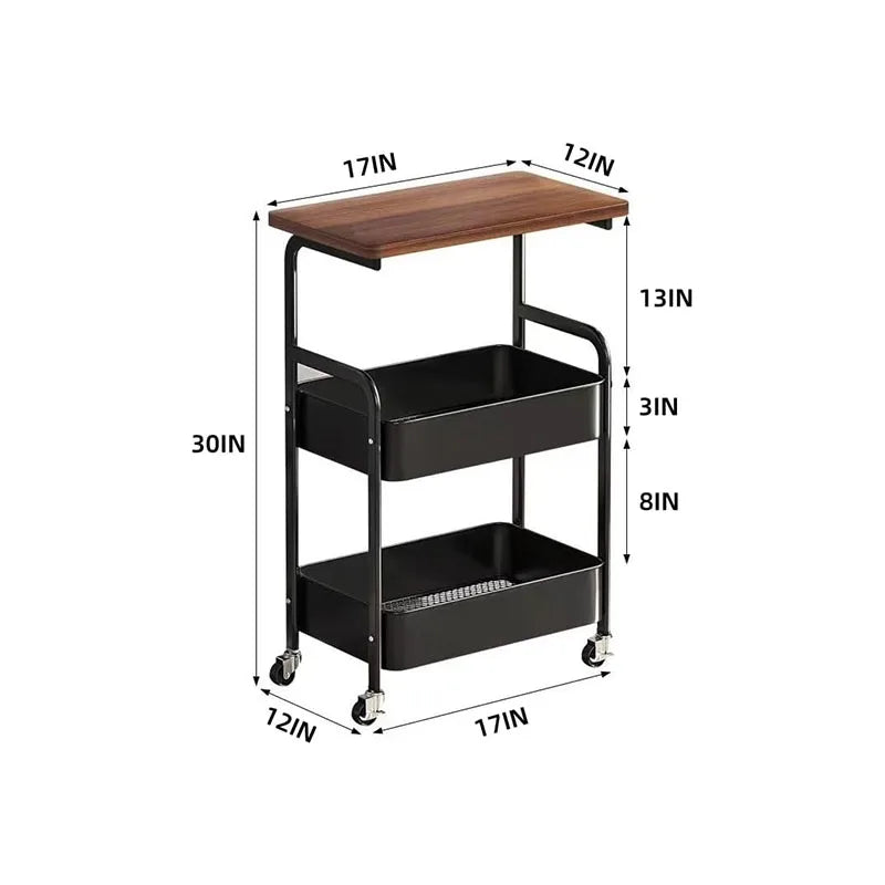 Three-Tier Metal Rolling Multi-Functional Storage Cart with Walnut Wood Top, Stable and Durable, with Two Lockable Wheels, Suitable for Kitchen, Bathroom, Snacks, Coffee, Crafts, Cosmetics, and Baby Products