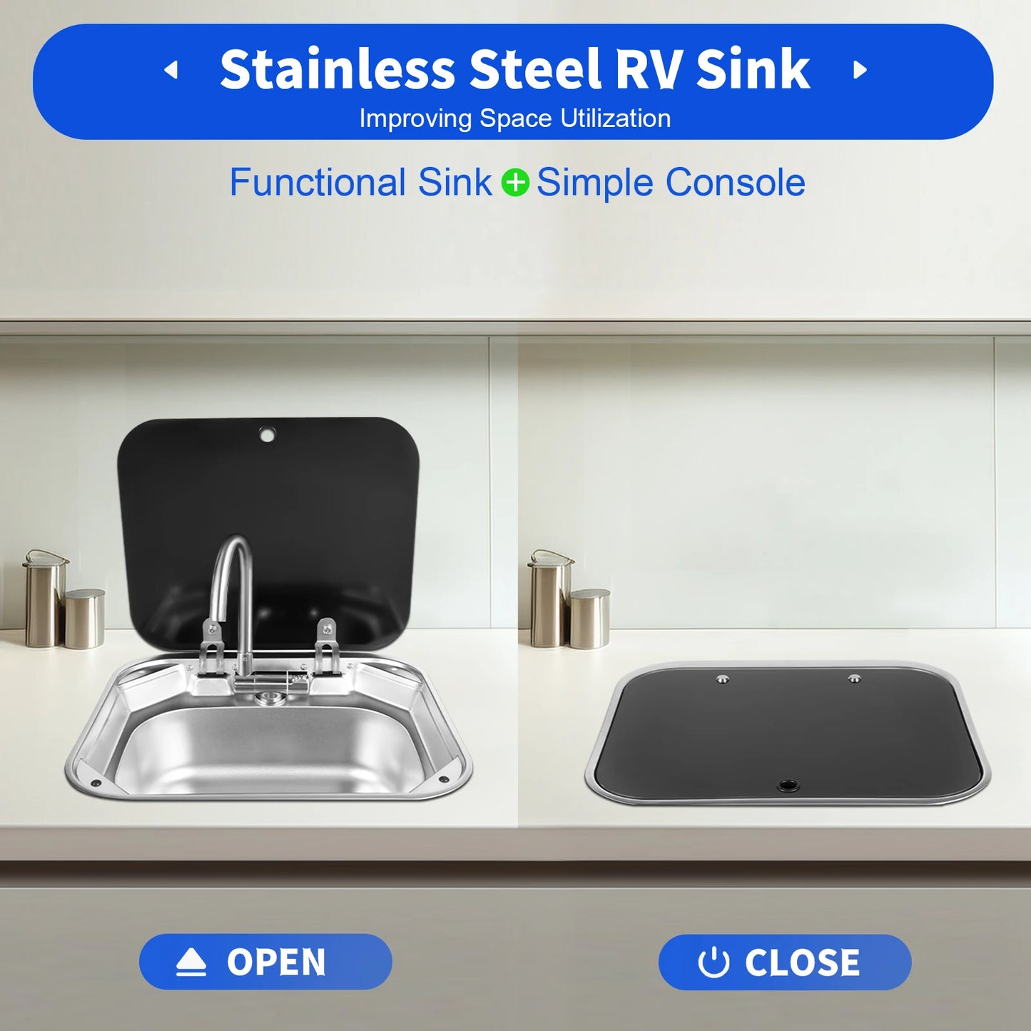 RV Sink with Foldable Tempered Glass Cover&Faucet,Stainless Steel Kitchen Sink Wash Basin Multifunctional Console for Camper Van