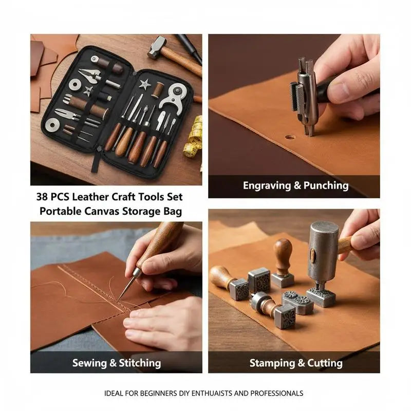 Leather Crafting Supplies Set 38 PCS For DIY Projects Hobby Crafting Professional Repair, Canvas Storage Bag Included Manual