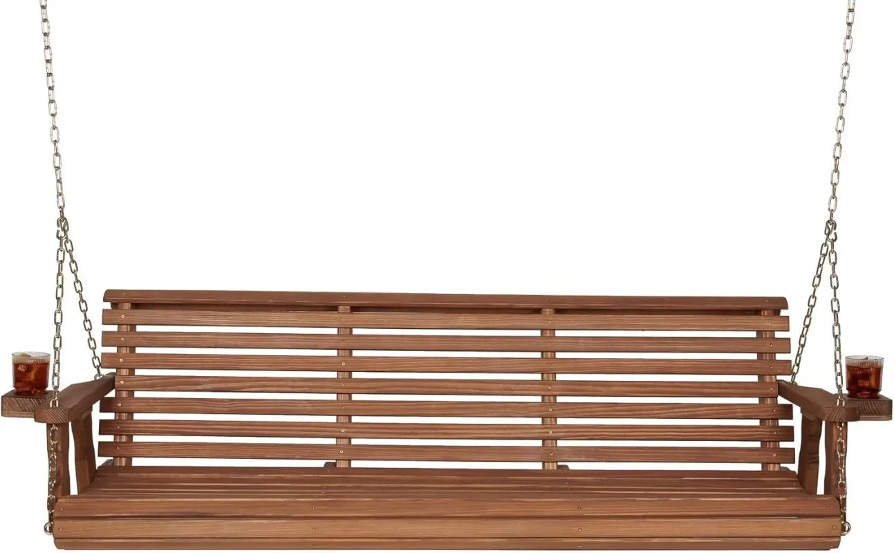 Amish Casual Heavy Duty 700 Lb Capacity Porch Swing with Cup Holders (4 Foot, Cedar Stain) – Wooden Outdoor Roll Back Swing