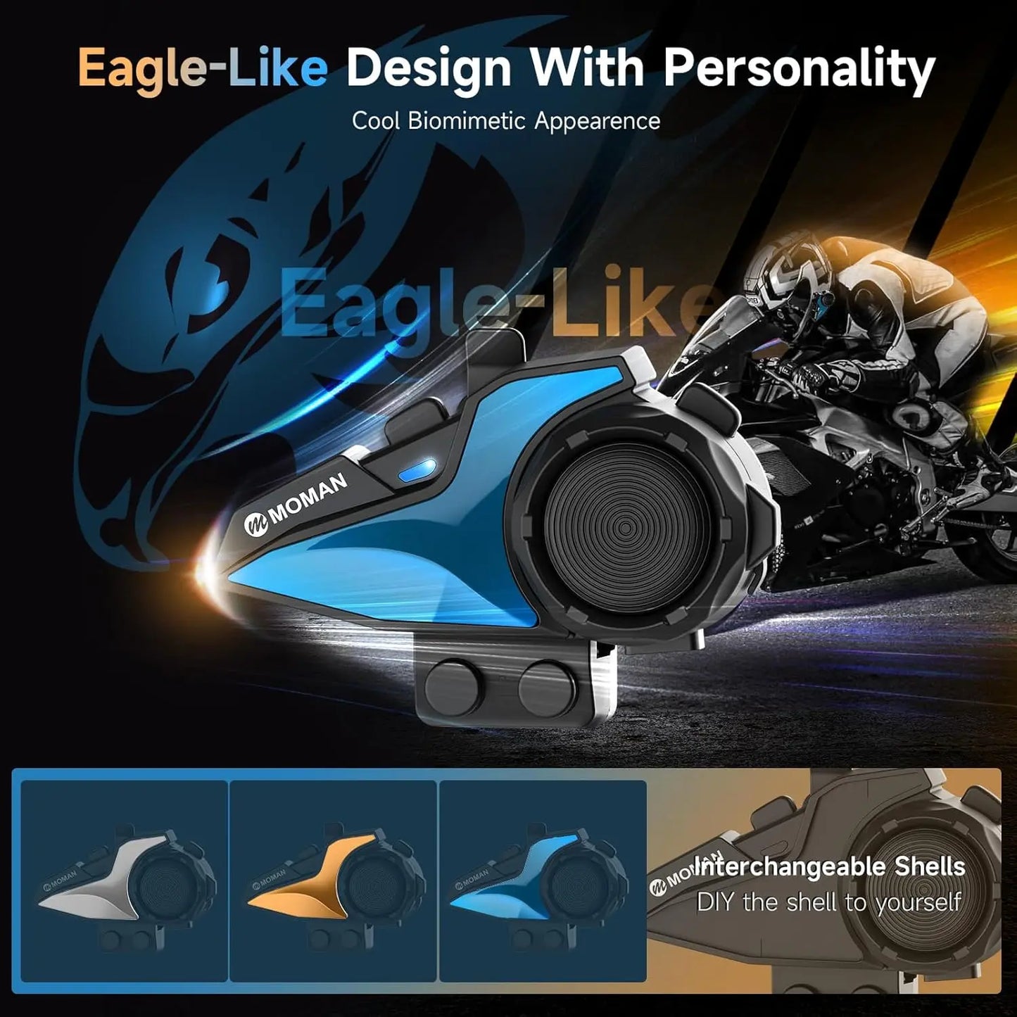 Motorcycle Intercom Bluetooth Helmet Headset H2E Eagle-Like Communication System Dual Chips for Audio Multitasking HiFi Sound