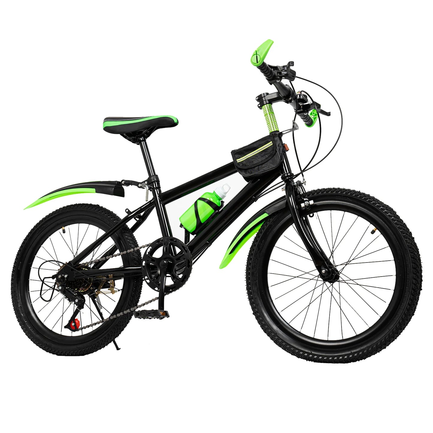 20 Inch Kids Mountain Bike 7 Speed Boys Girls Bicycle Dual Brakes Adjustable Seat 85kg Capacity with Water Bottle Bag for Ages 6-12 Red/Green